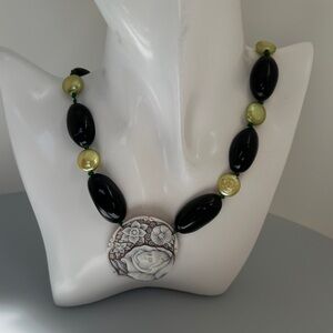 Navajo Pearls Black and Lime Floral Cameo Statement Necklace